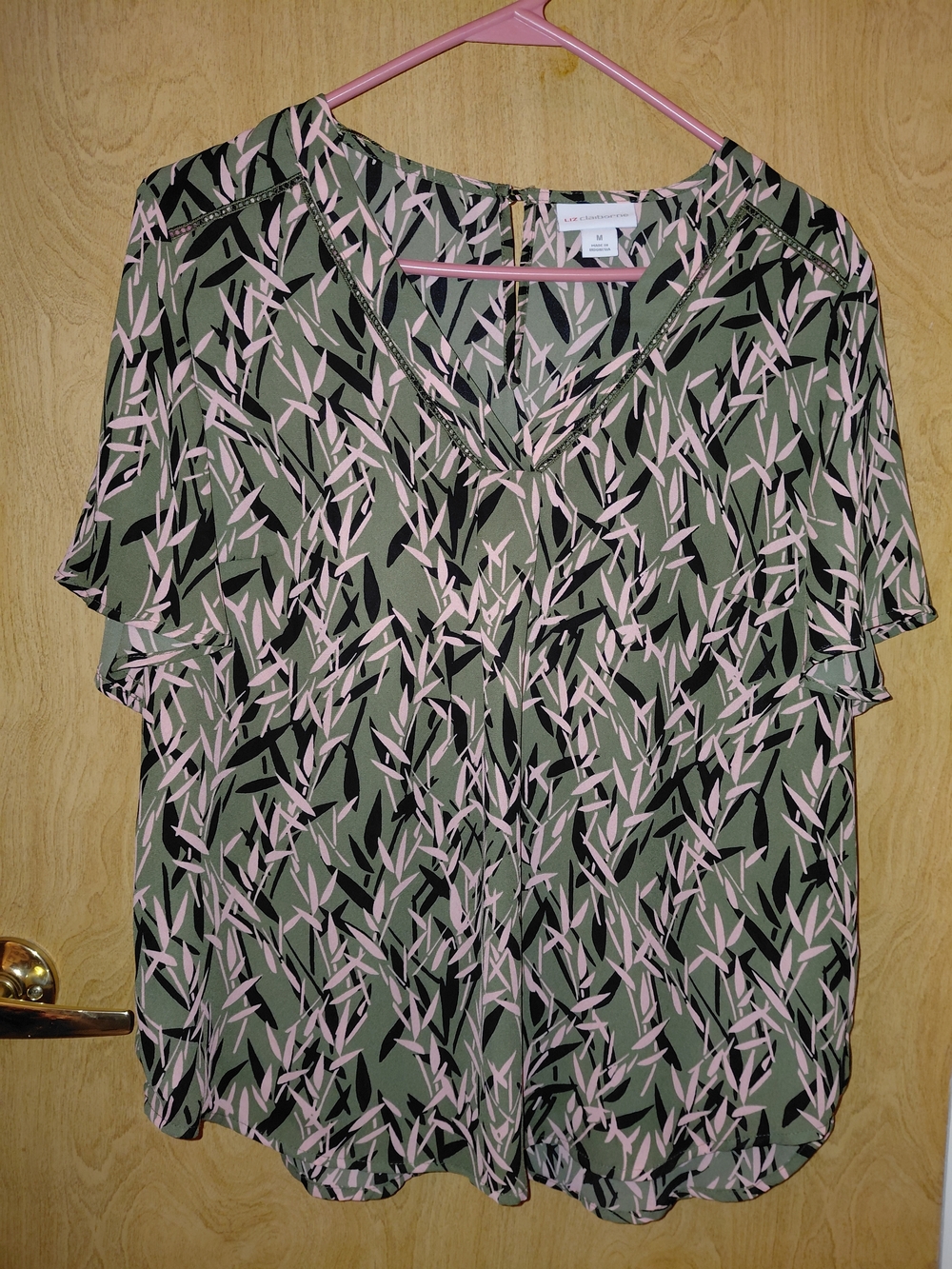 Liz Claiborne Olive Green & Light Pink Abstract Flutter Sleeve Blouse